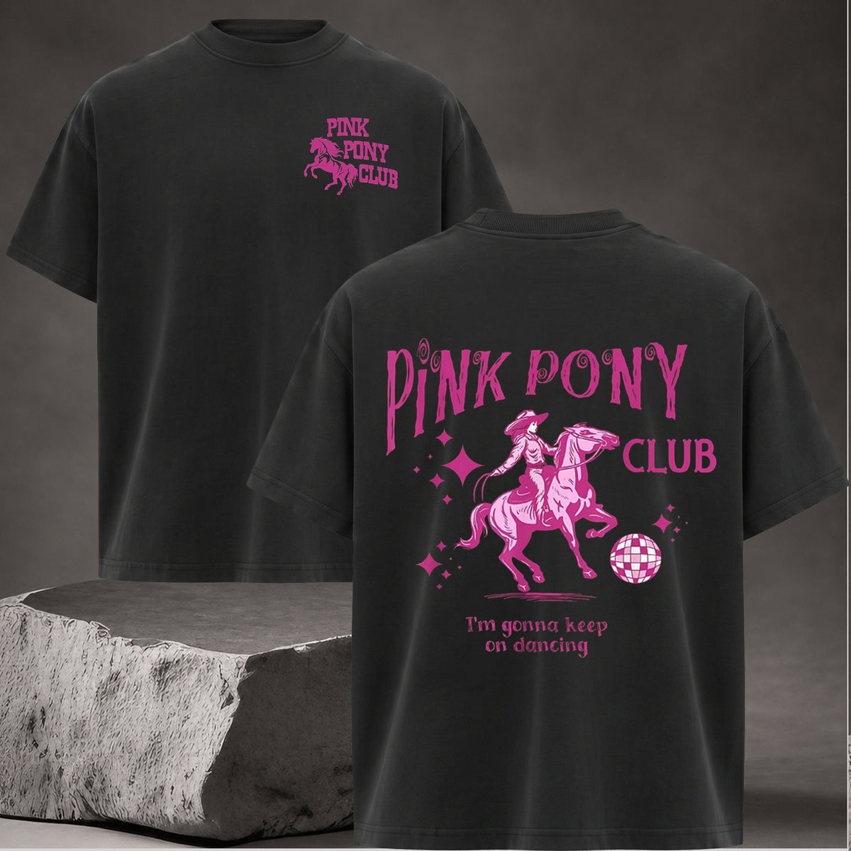 Retro Pink Pony Club Printed Round Neck Graphic Tee Shirt